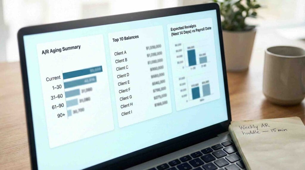 Accounts Receivable Process: Get Paid Faster in 2026 Without Burning Relationships 5 Accounts receivable process reporting dashboard with AR aging and expected receipts