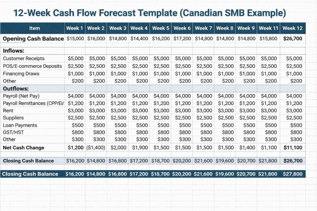 12-Week Cash Flow Forecasting: A 2026 Playbook for Canadian Businesses 5 Cash flow forecast template spreadsheet example with 12-week inflows and outflows for a Canadian SMB