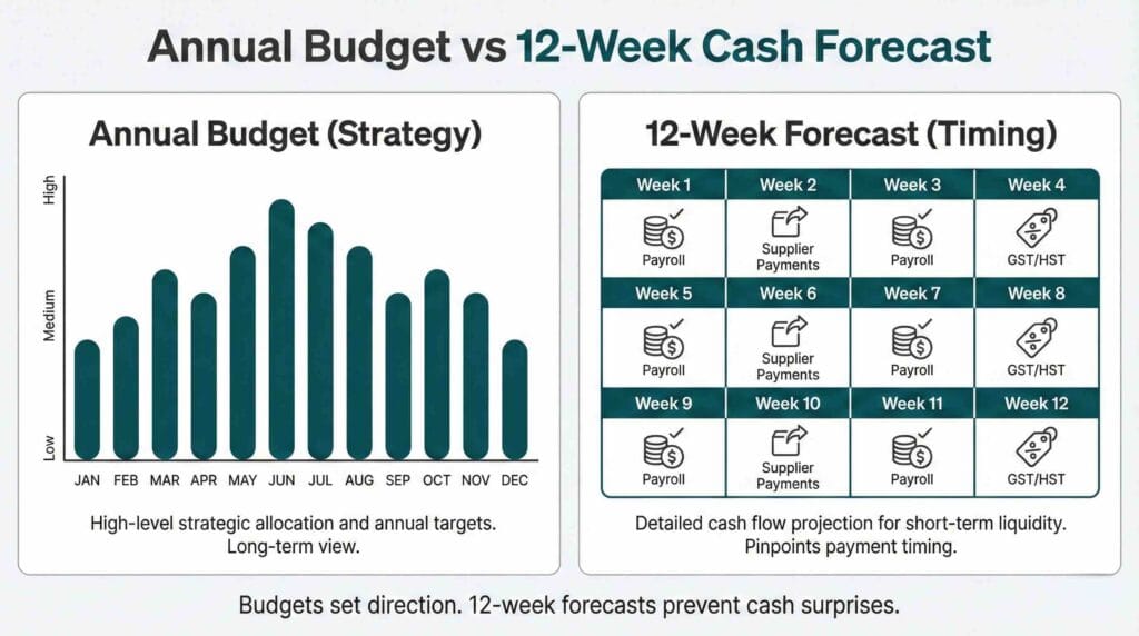 12-Week Cash Flow Forecasting: A 2026 Playbook for Canadian Businesses 2 Cash flow forecast template comparison showing annual budget strategy versus 12-week cash forecast timing
