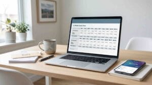 Cash flow forecast template on a laptop showing a 12-week cash plan for a Canadian business
