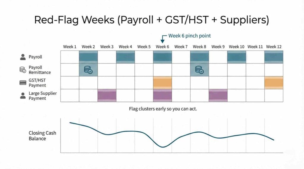 12-Week Cash Flow Forecasting: A 2026 Playbook for Canadian Businesses 4 Cash flow forecast template showing red-flag weeks for payroll, GST/HST, and supplier payments