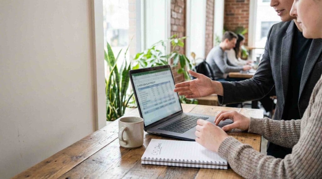 12-Week Cash Flow Forecasting: A 2026 Playbook for Canadian Businesses 6 Cash flow forecast template review with a bookkeeper and business owner in a Canadian workspace