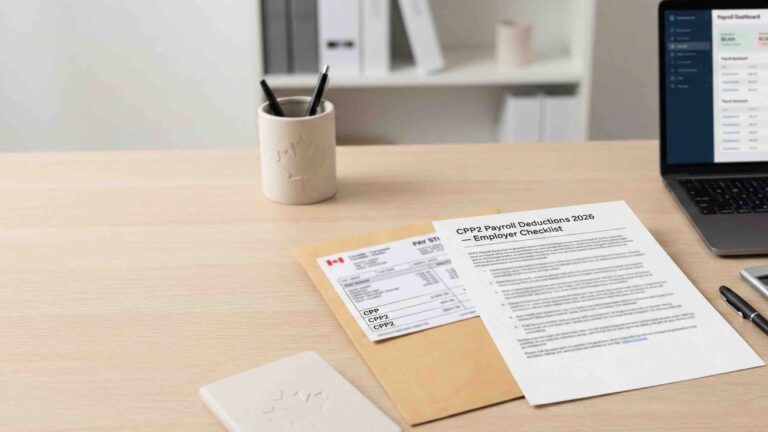 CPP2 payroll deductions 2026 employer checklist on a desk beside payroll documents