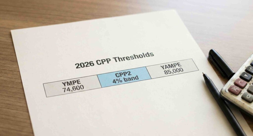 CPP2 payroll deductions 2026 thresholds showing YMPE 74,600 and YAMPE 85,000