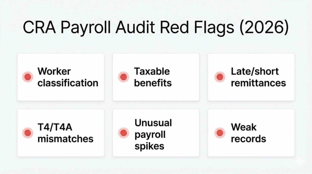 CRA Payroll Audit Red Flags: A 2026 Guide for Employers 2 CRA payroll audit red flags graphic showing common payroll audit triggers for 2026