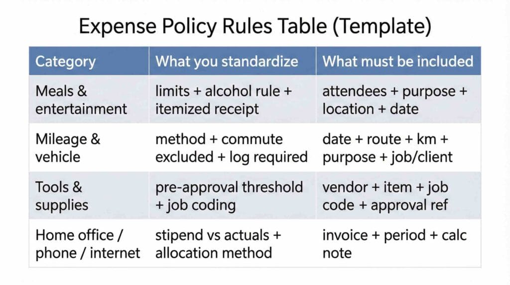 Expense Policy + Receipts Workflow: Stop Reimbursement Chaos (2026) 2 Expense policy small business rules table for receipts and reimbursements