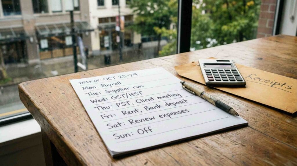 FIFA 2026 tourism financial checklist for Vancouver tourism operators 2 FIFA 2026 tourism financial checklist weekly cash calendar showing payroll, supplier run, GST/HST, and PST