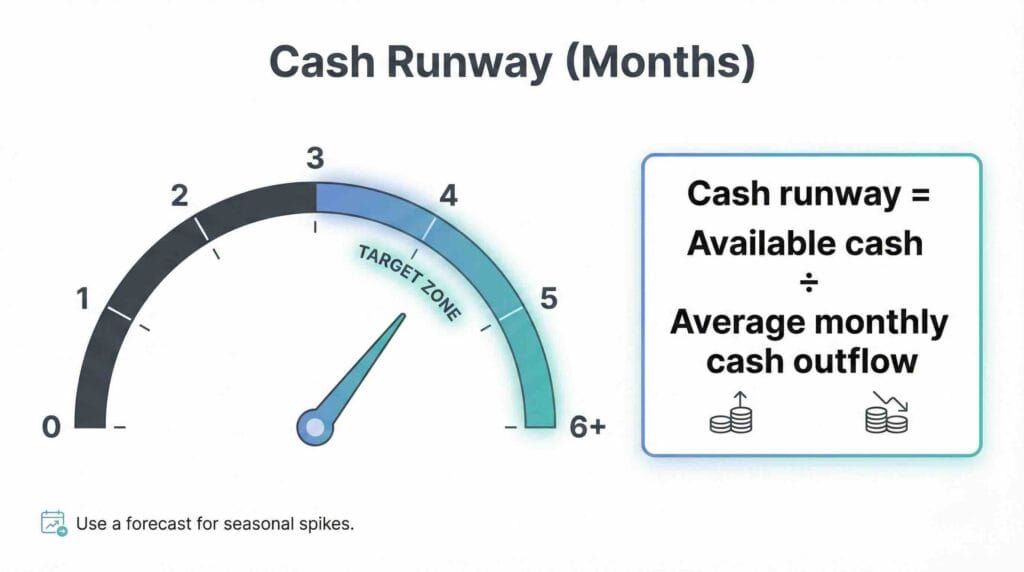 5 KPIs Every Canadian Business Should Track Monthly (2026) 4 Financial KPIs for small business cash runway gauge showing months of operating runway