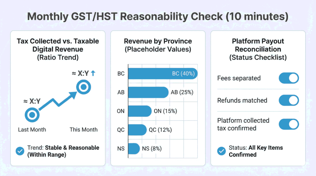 GST/HST on Digital Services in Canada (2026): A Business Guide 5 GST/HST on digital services Canada monthly reasonability check dashboard