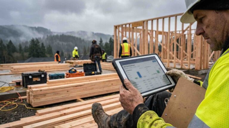 Job costing QuickBooks contractors reviewing job cost summary on a BC jobsite tablet