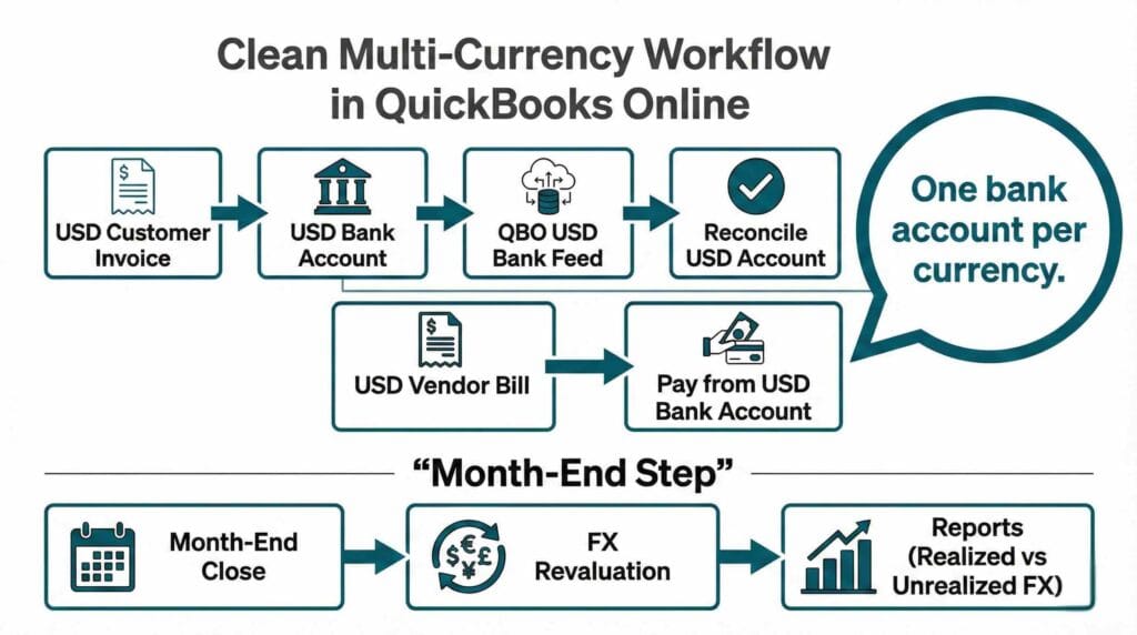 Multi-currency account Canada QuickBooks clean workflow diagram for QuickBooks Online