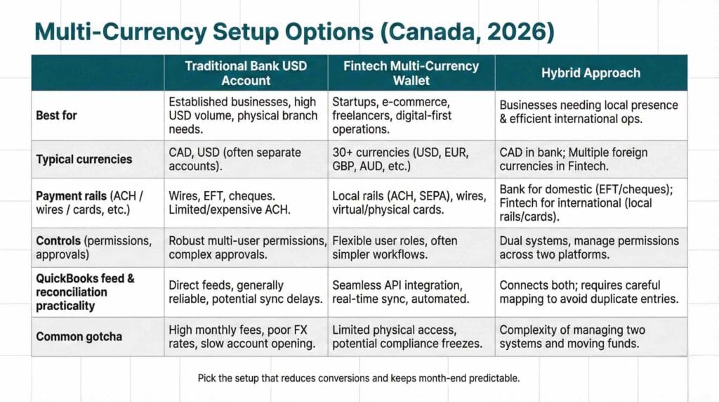 Multi-currency account Canada QuickBooks comparison table bank vs fintech vs hybrid