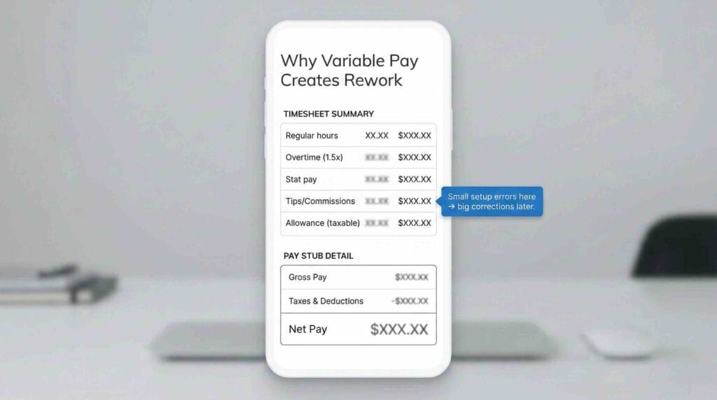 Payroll outsourcing vs in-house Canada: a 2026 cost guide for employers 3 Payroll outsourcing vs in-house Canada example showing variable pay creating payroll rework
