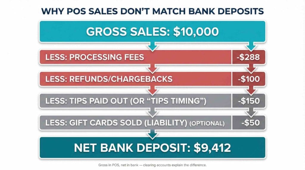 POS integration with QuickBooks example showing gross sales to net bank deposit breakdown