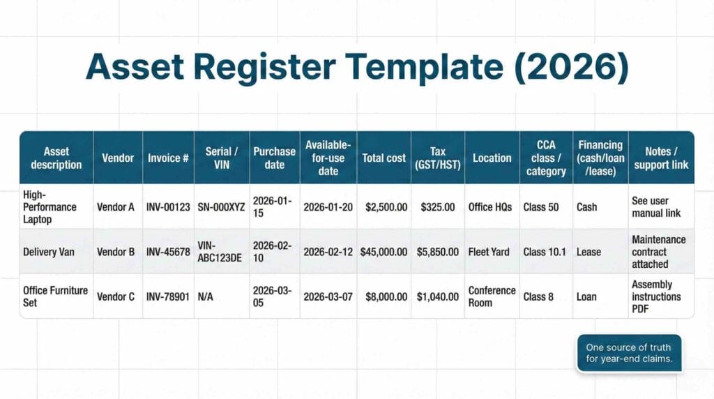 Productivity Super-Deduction Canada asset register template with purchase date, available-for-use date, CCA class, and support links