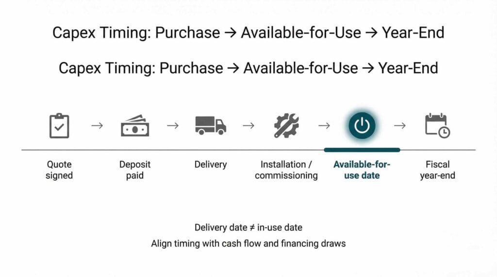 Productivity Super-Deduction Canada timeline showing purchase to available-for-use date and fiscal year-end timing