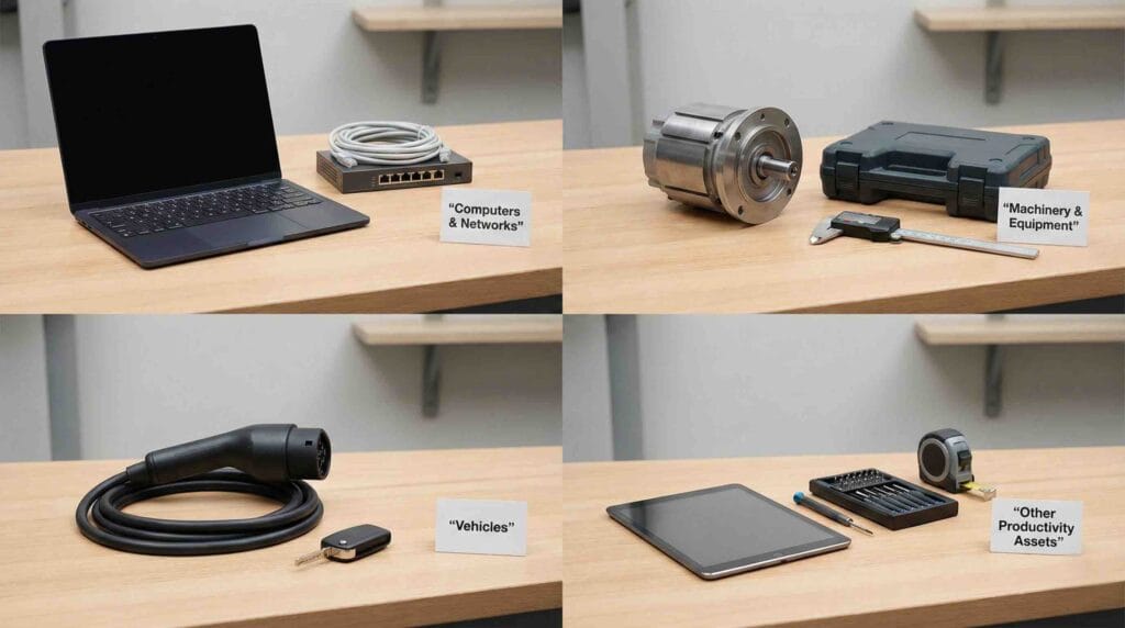 Productivity Super-Deduction Canada examples of capital asset categories including computers and networks, machinery and equipment, vehicles, and productivity assets