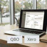 QBO vs Xero Canada featured comparison image with laptop dashboard and QBO and Xero cards