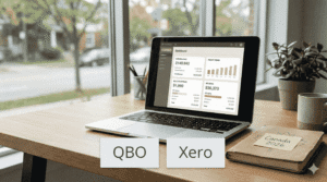 QBO vs Xero Canada featured comparison image with laptop dashboard and QBO and Xero cards
