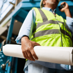 Construction worker holding blueprints, symbolizing T5018 filing requirements for contractors and businesses.