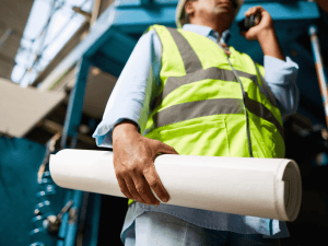 Construction worker holding blueprints, symbolizing T5018 filing requirements for contractors and businesses.