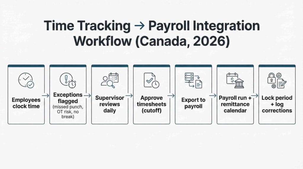 Time Tracking + Payroll Integration in 2026: A Setup Guide for Canadian Businesses 2 Time tracking payroll integration workflow diagram for Canadian businesses