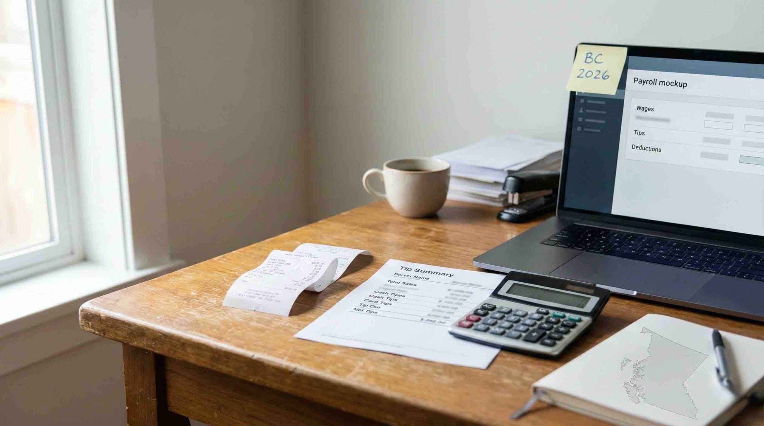 Tips and gratuities payroll BC featured image showing tip summary, receipt, and payroll mockup for 2026