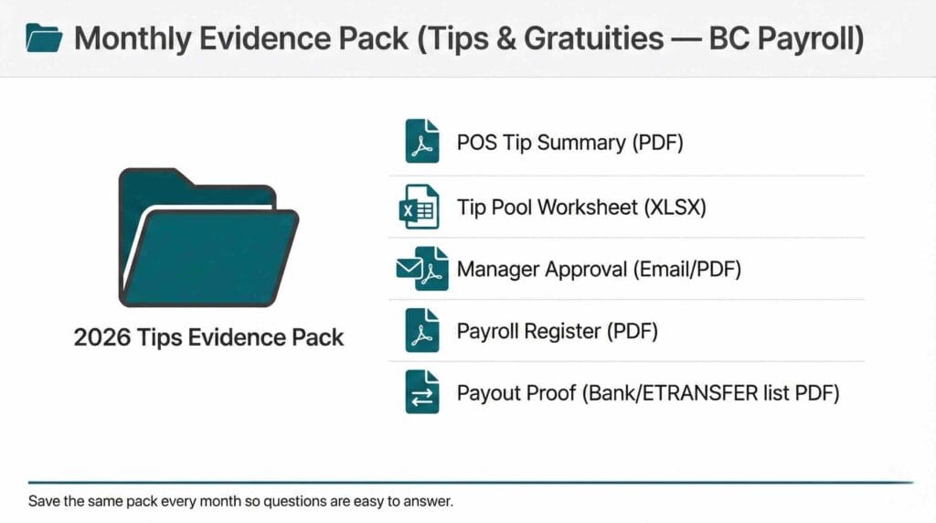 Tips and gratuities payroll BC monthly evidence pack showing POS tip summary, tip pool worksheet, approvals, payroll register, and payout proof