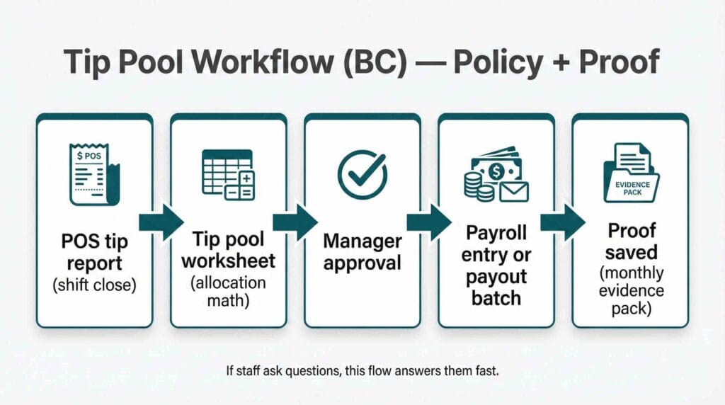 Tips and gratuities payroll BC tip pool workflow showing POS report, worksheet, manager approval, payout, and proof saved